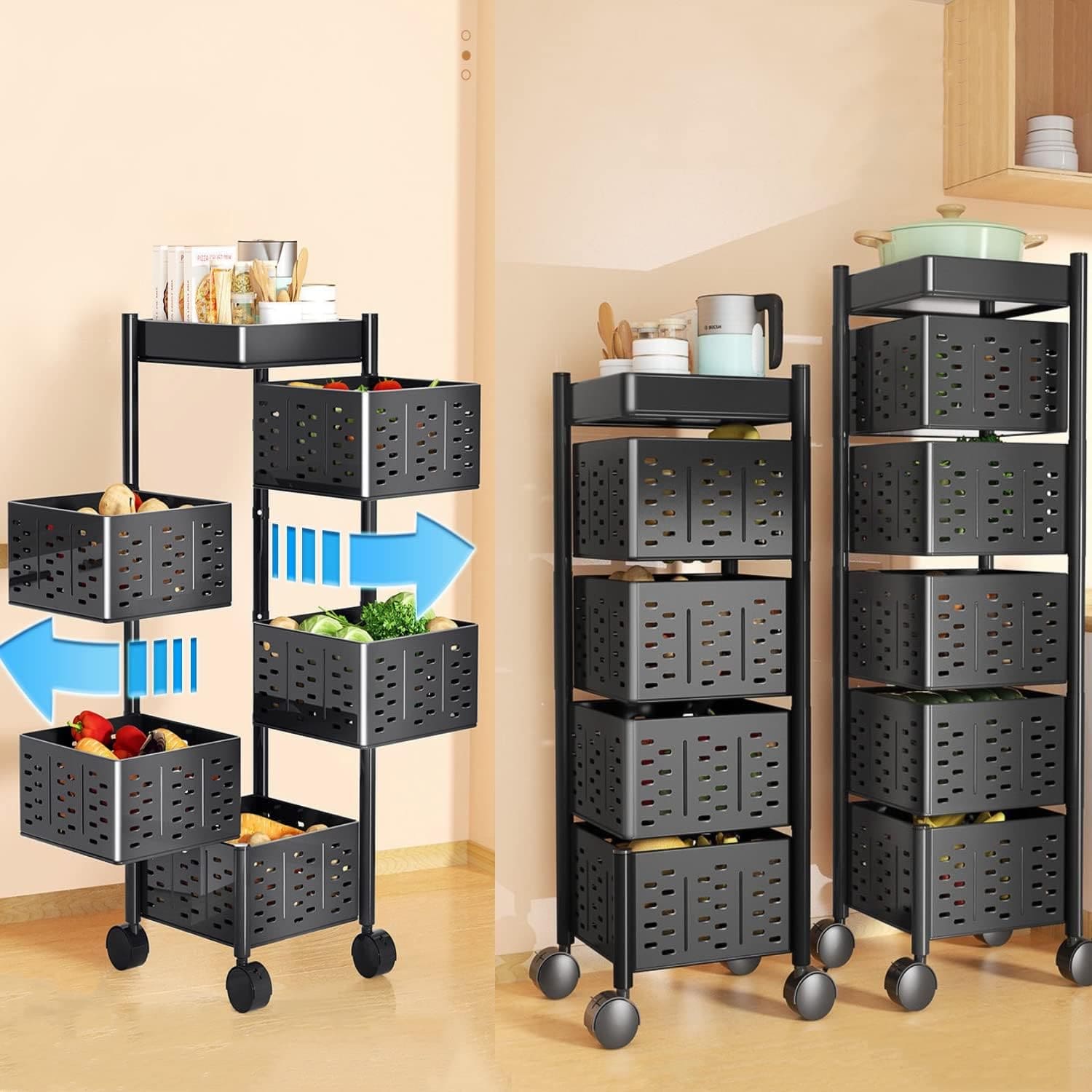 Square Multi Tier Rotating Storage Basket, 360° Rotating Fruit and Vegetable Stand, Kitchen Storage Rack with Mesh Baskets & Wheels, Mobile Kitchen Storage Fruit and Vegetable Holder Square Multi Tier Rotating Storage Basket, 360° Rotating Fruit and Vegetable Stand, Kitchen Storage Rack with Mesh Baskets & Wheels, Mobile Kitchen Storage Fruit and Vegetable Holder